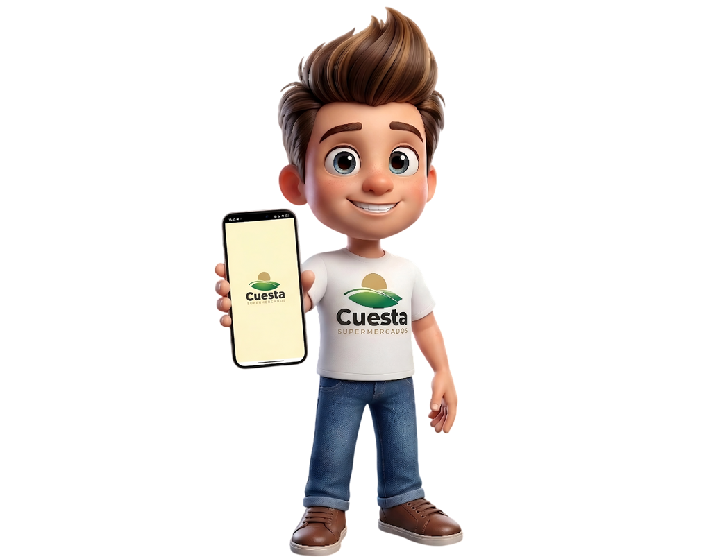 Mascote Cuestinha segurando um celular com o aplicativo